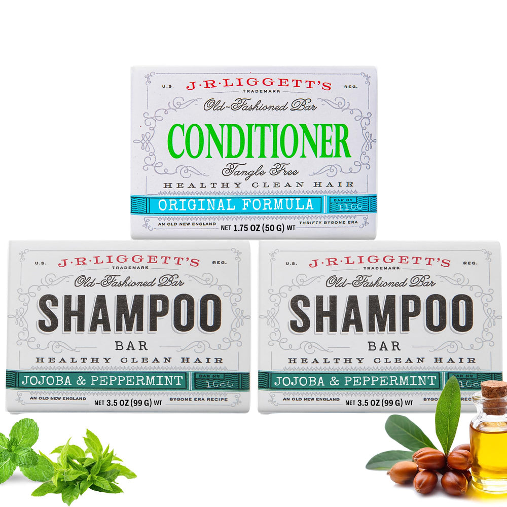 J.R.LIGGETT'S conditioner bar compact packaging highlighting rich conditioning formula.