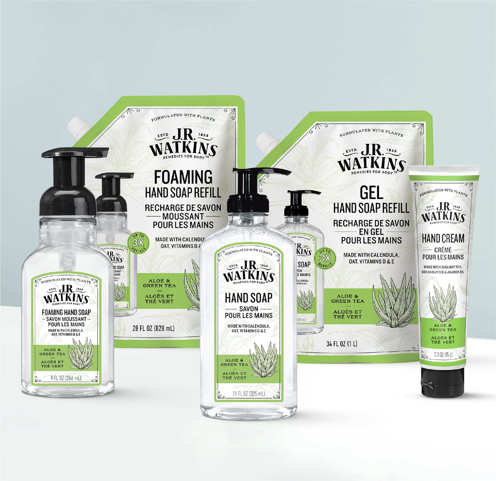 J.R. Watkins Aloe & Green Tea bottle emphasizes refreshing scent for daily hand washing.