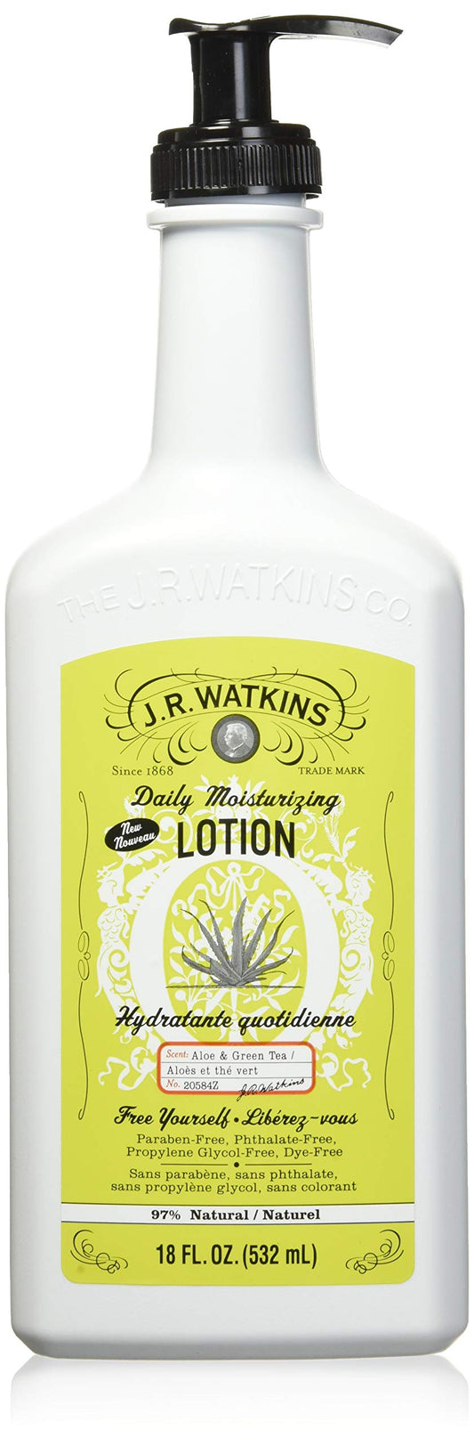 J.R. Watkins Aloe and Green Tea lotion bottle for all-day hydration.