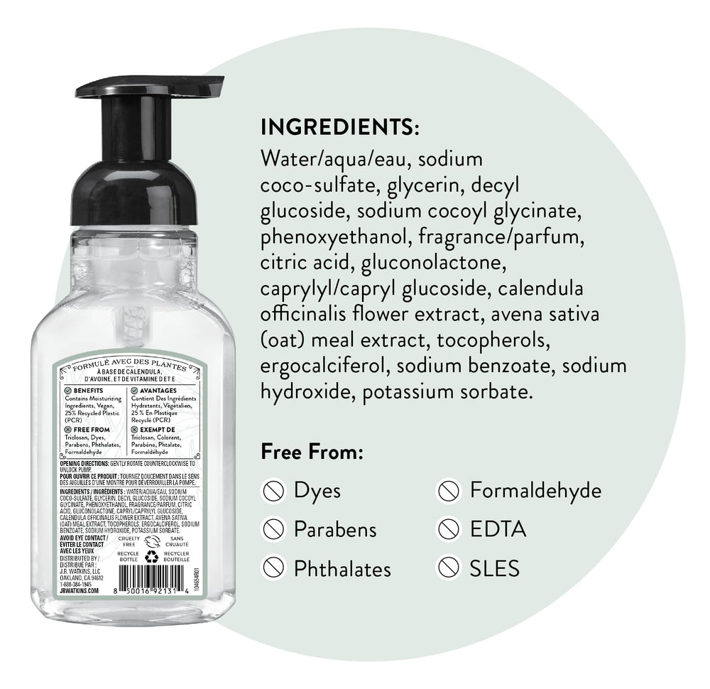 Bathroom vanity with J.R. Watkins eucalyptus foaming soap for quick handwashing.