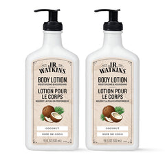 JR Watkins daily moisturizing lotion coconut bottle front highlights hydrating formula for soft, smooth skin.