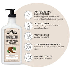 JR Watkins coconut lotion label emphasizes clean, gentle ingredients.