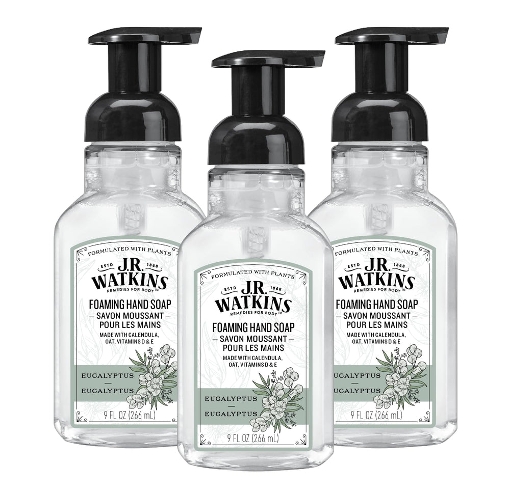 J.R. Watkins Eucalyptus foaming hand soap pump for refreshed hands at the sink.
