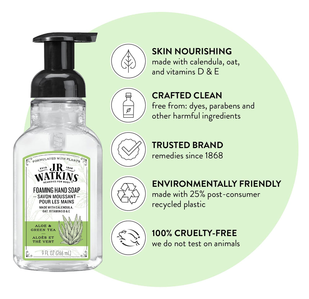 J.R. Watkins foaming hand soap foam-lather close-up shows gentle, skin-nourishing cleansing.