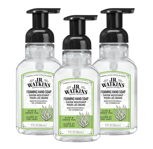 J.R. Watkins foaming hand soap pump dispenser demonstrates easy, mess-free cleansing.