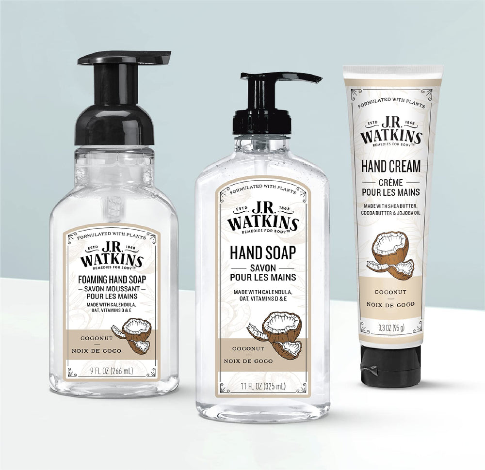 JR Watkins gel hand soap coconut packaging beside sink for daily use
