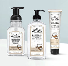 JR Watkins gel hand soap coconut packaging beside sink for daily use