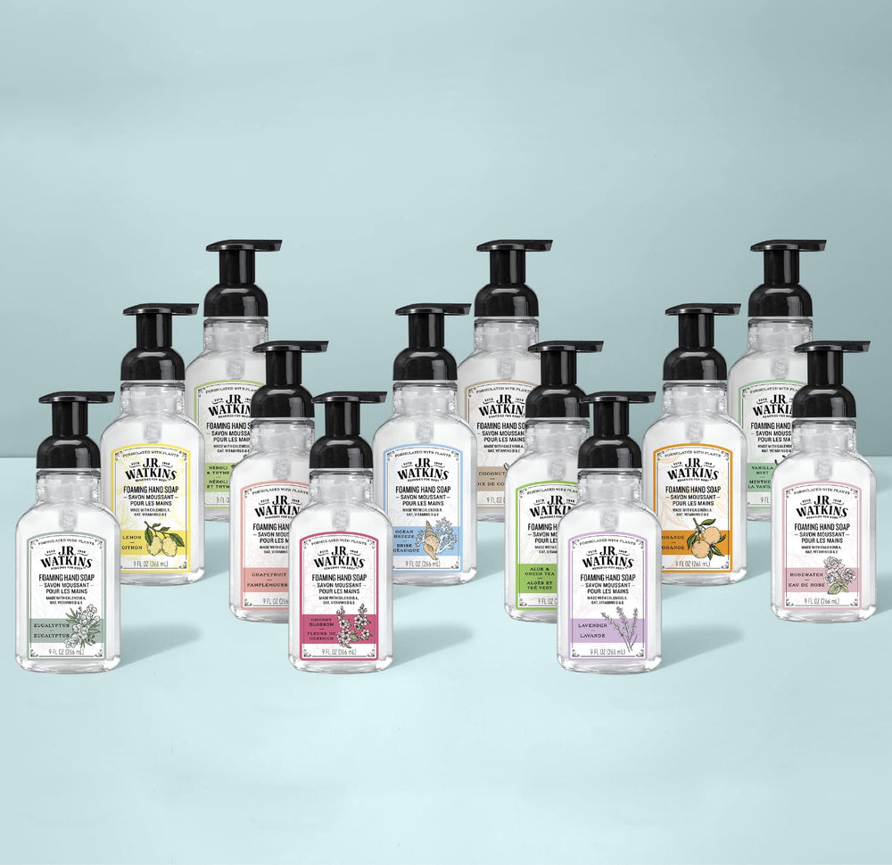 Kitchens sink setup with J.R. Watkins eucalyptus soap bottle ready for use.
