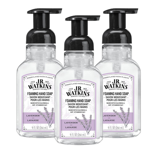 J.R. Watkins lavender foaming hand soap bottle with pump for gentle cleansing