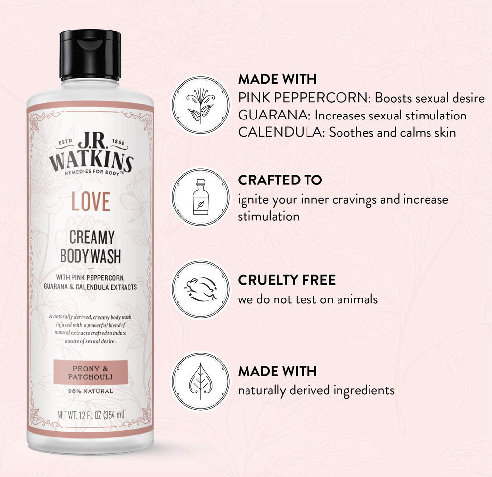 J.R. Watkins Love Creamy Body Wash rich lather demonstrating daily moisturizing
