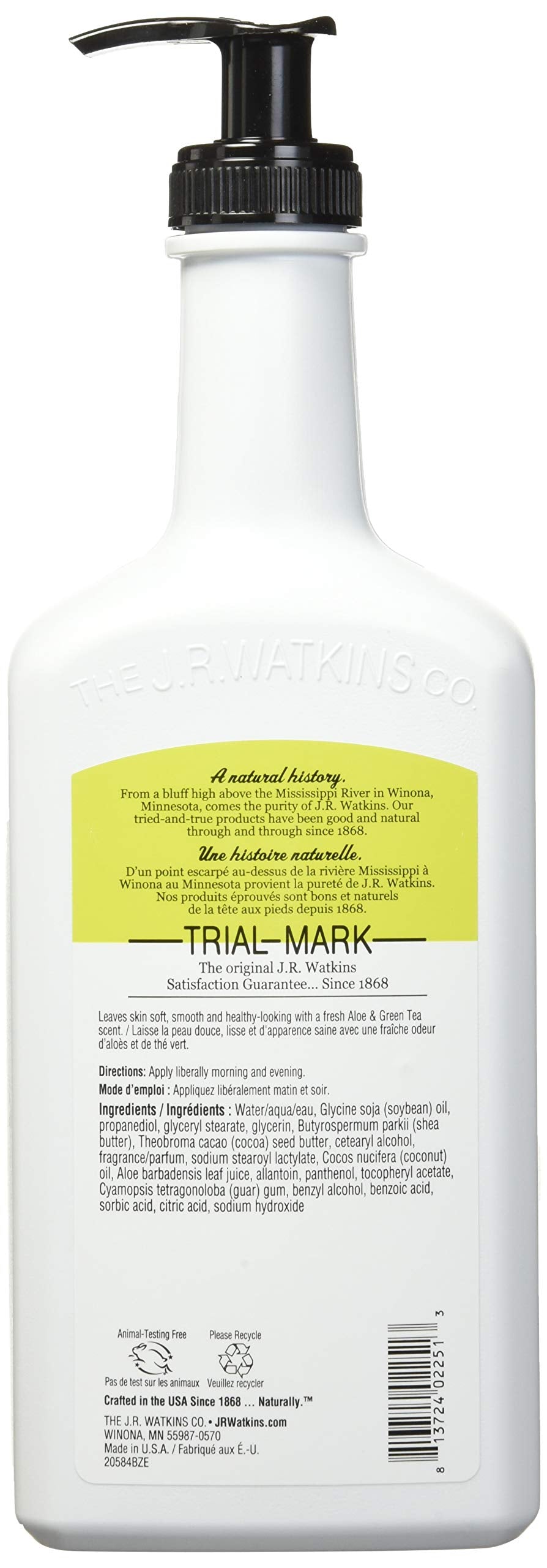 Natural ingredients label highlights aloe and green tea benefits.