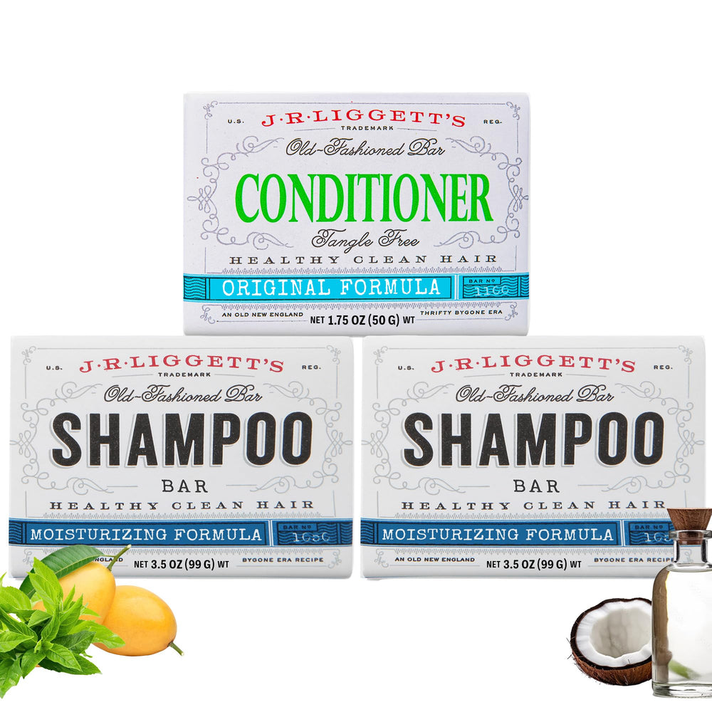 J.R.LIGGETT'S shampoo bar packaging shows eco-friendly design for travel.