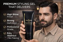 Model hair with JS Sloane gel delivering high gloss and defined shape.