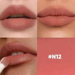 JUDYDOLL Cushion Matte Lip Cream Toffee Peach swatch for warm, versatile color