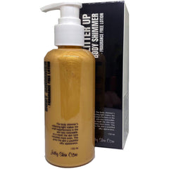 Juicy Skin Care Body Shimmer bottle close-up highlighting radiant glow