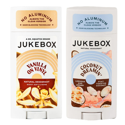 JUKEBOX Coconut Dreamin' deodorant bottle shows long-lasting freshness for active days.