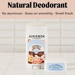 JUKEBOX Coconut Dreamin' ingredients panel featuring Shea Butter and Coconut Oil for skin nourishment.