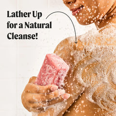 JUKEBOX Watermelon Disco bar soap in hand demonstrates easy lather and scent
