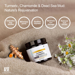JUMAN face mask close-up with turmeric and chamomile ingredients implies natural skin support.