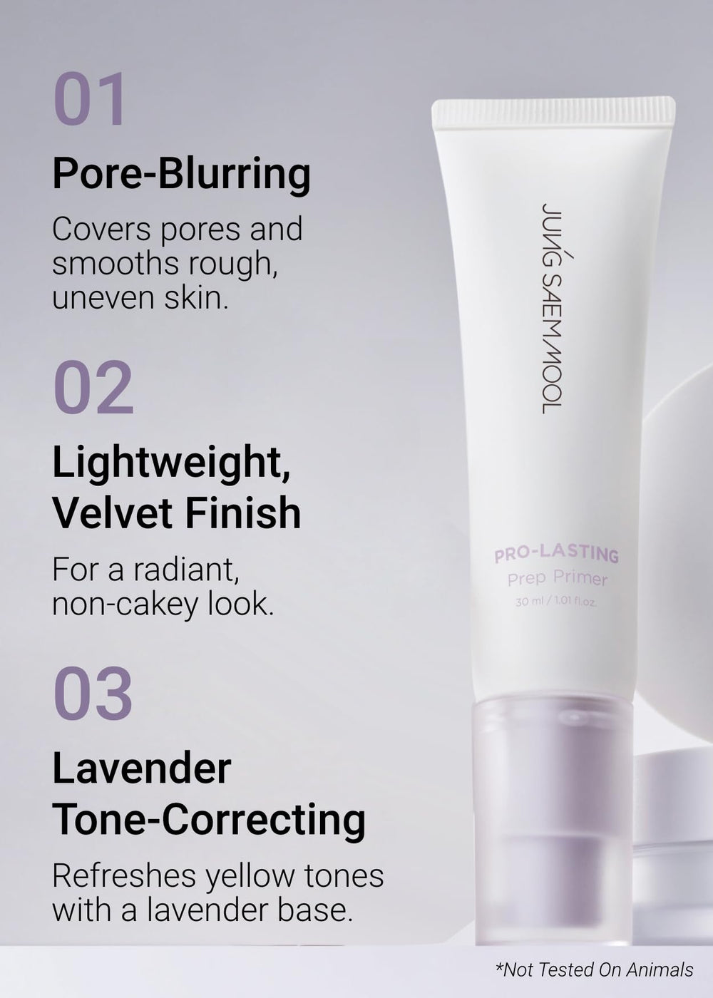 Jungsaemool Pro-Lasting Primer Bare Lavender pump bottle enables easy application.