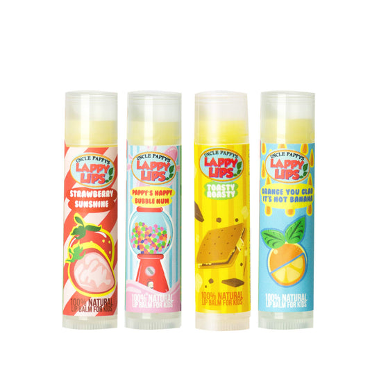 Just Bee Lappy Lips packaging display with a four flavor set for kids