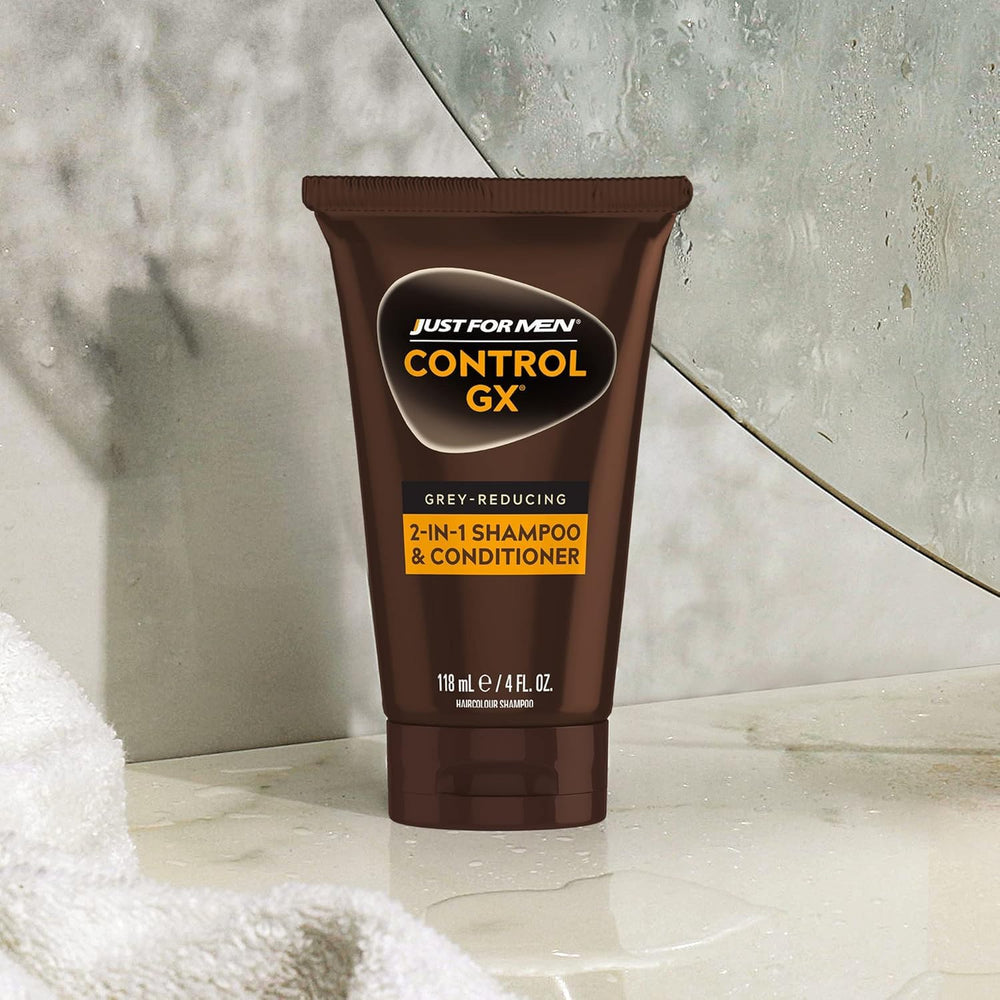Just For Men Control GX close-up shows grey-to-natural shade transition.
