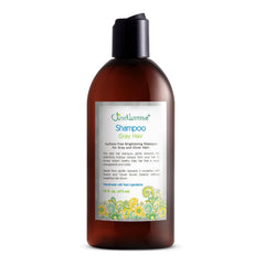 Just Nutritive gray hair shampoo bottle showing gentle formula that reduces brassiness
