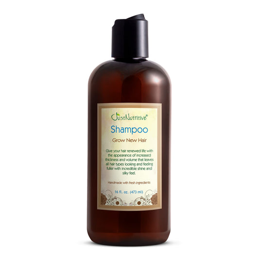 Just Nutritive Grow New Hair Shampoo bottle, pour shot, supports daily scalp nourishment