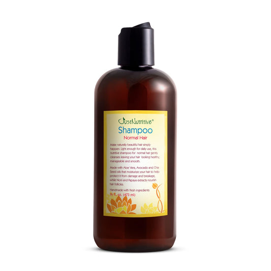 Just Nutritive normal hair shampoo bottle on shelf for healthy shine
