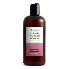 Just Nutritive onion-rosemary shampoo bottle highlights a sulfate-free formula for a healthier scalp.