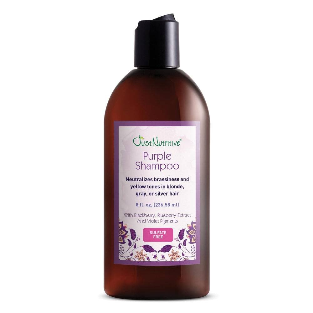 Just Nutritive purple shampoo bottle neutralizes brassiness for blonde and gray hair