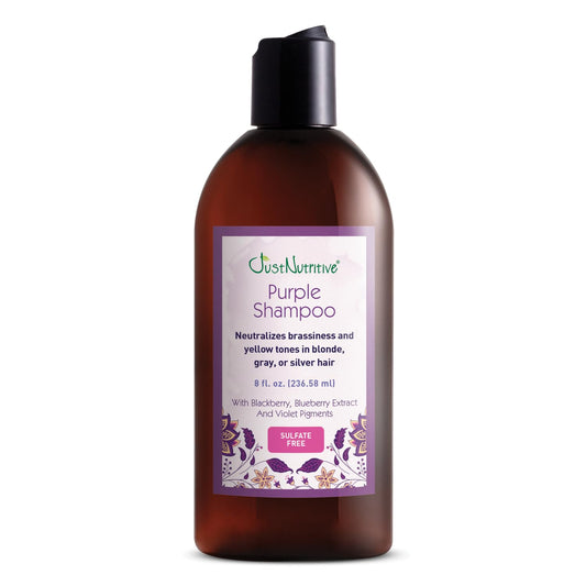 Just Nutritive purple shampoo bottle neutralizes brassiness for blonde and gray hair
