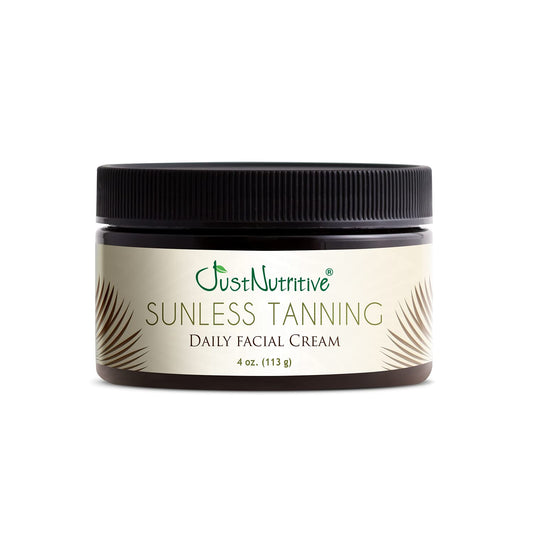Just Nutritive sunless tanning daily facial cream jar delivers hydration with a subtle sun-kissed glow.