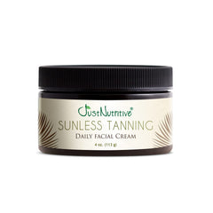 Just Nutritive sunless tanning daily facial cream jar delivers hydration with a subtle sun-kissed glow.