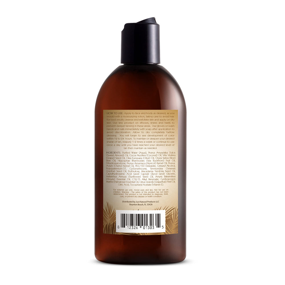 Just Nutritive Sunless Tanning Lotion Dark Tones with gloves ensures even application