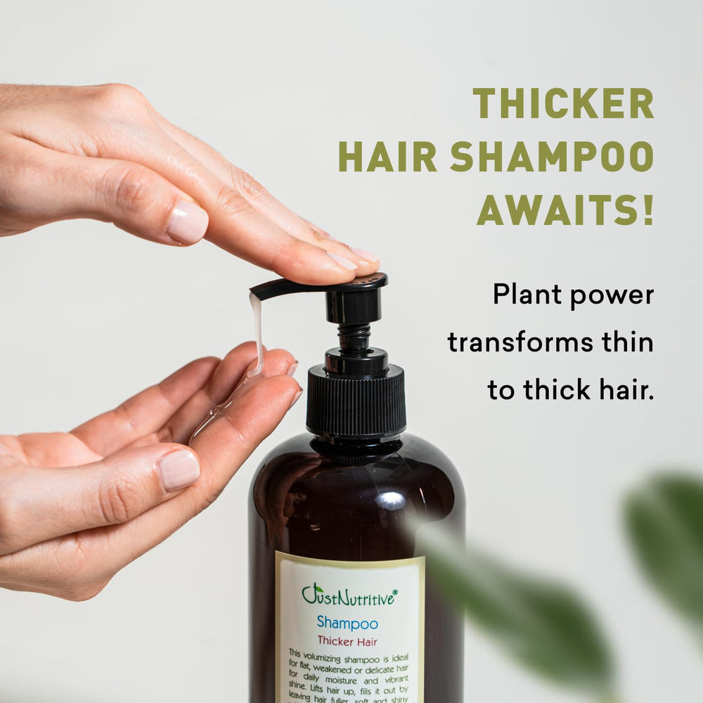 Just Nutritive Thicker Hair Shampoo on bathroom shelf for daily use routine