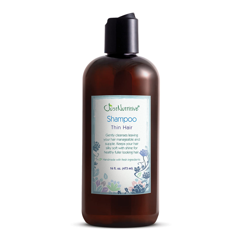 Just Nutritive Thin Hair Shampoo bottle highlights a gentle formula for fuller-looking hair