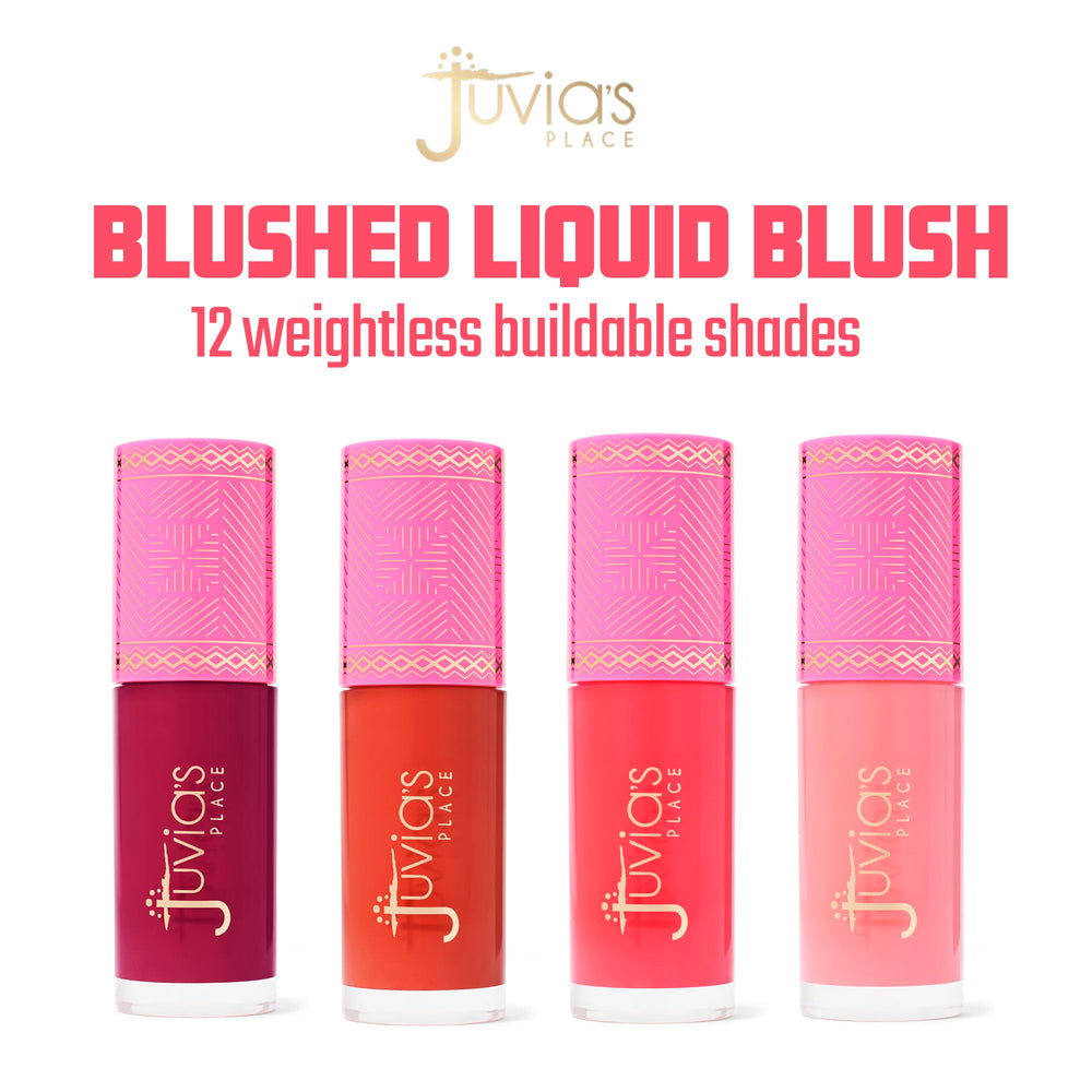 Swatches of Juvia's Place Blushed Liquid Blush CoralRose across skin tones