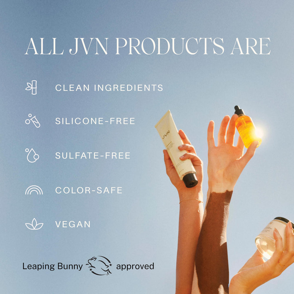 JVN Flat-lay travel hair care collection suggests easy daily routine.