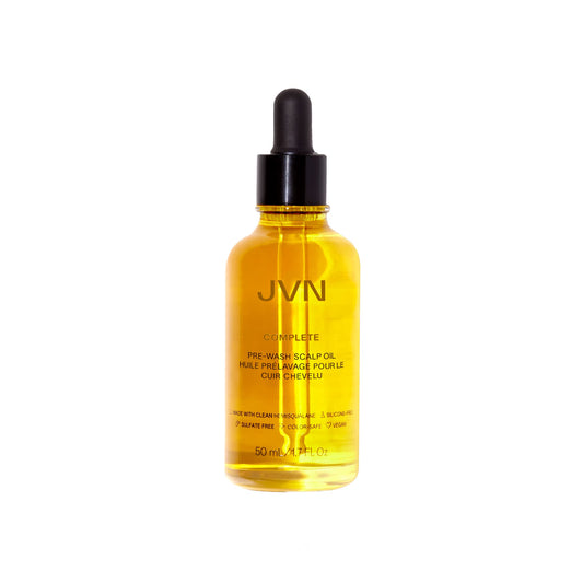 JVN Pre-Wash Scalp Oil bottle shows silicone-free clarity for refreshed scalp.