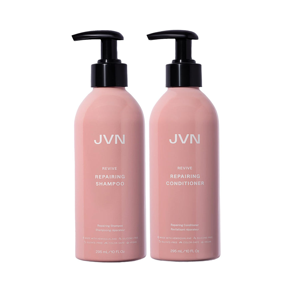JVN Revive shampoo bottle demonstrates moisture-rich formula for damaged hair.