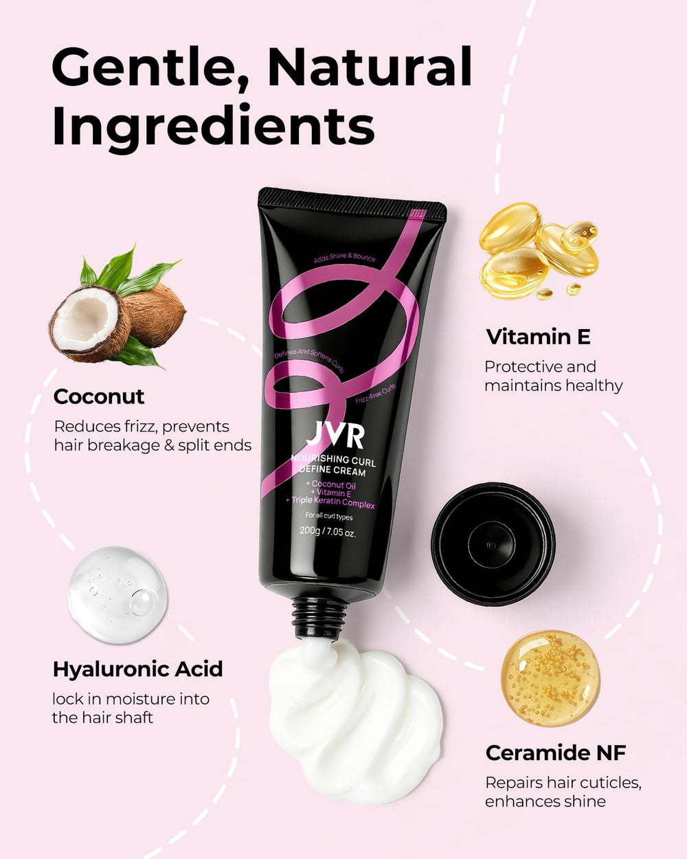 JVR Curl Cream formula with coconut oil and vitamin E nourishes strands.