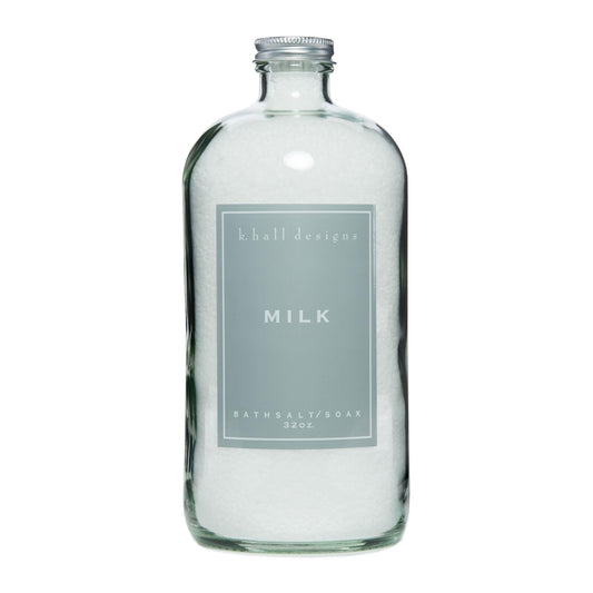 K. Hall Designs Milk Bath Salt Soak bottle showing creamy coconut and vanilla scent.