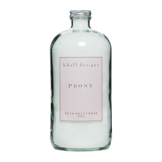K. Hall Designs Peony Bath Salt Soak jar close-up with vitamin E for nourished skin.