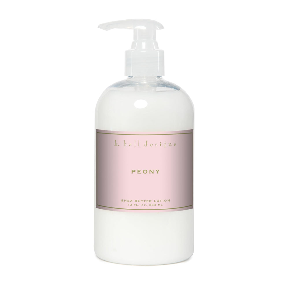K. Hall Designs Peony Shea Butter Lotion bottle with elegant glass pump for moisture