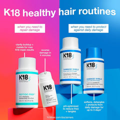 K18 Damage Shield Shampoo in bathroom setup supporting daily hair health routine.