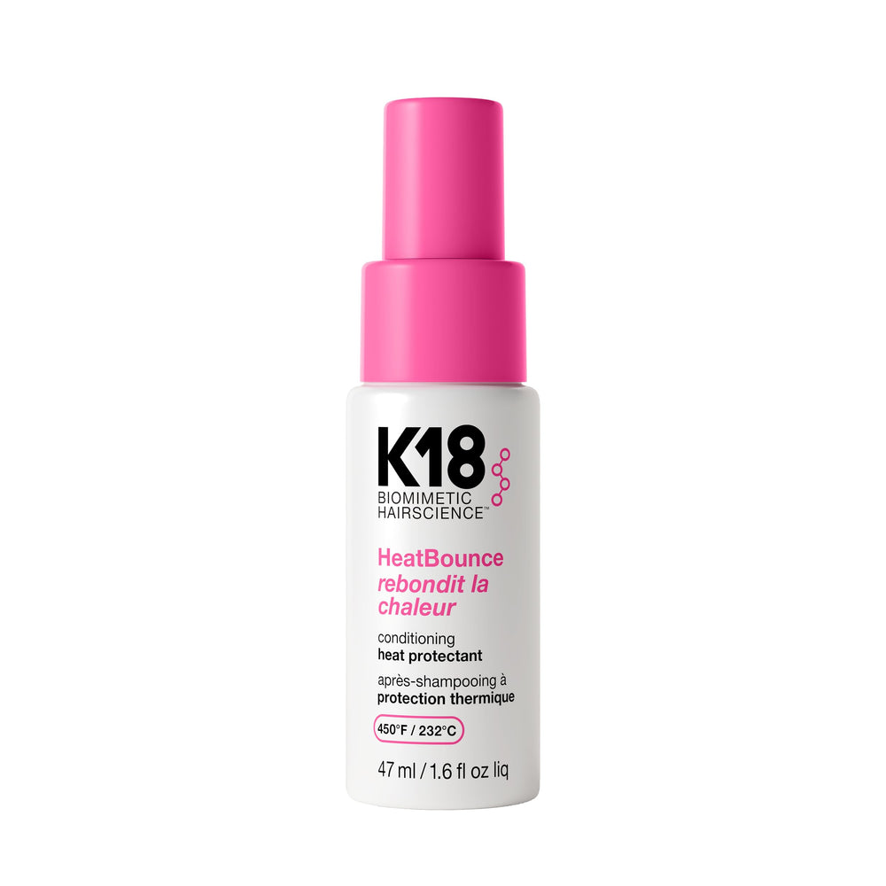 K18 HeatBounce bottle close-up showing sleek design and heat protection concept