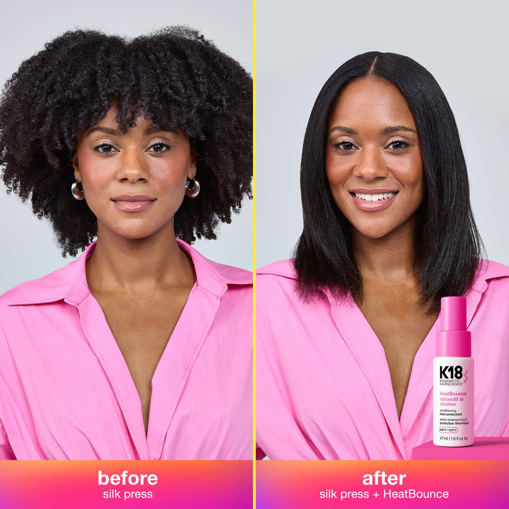 K18 HeatBounce leave-in application demonstrates detangling and smoothness