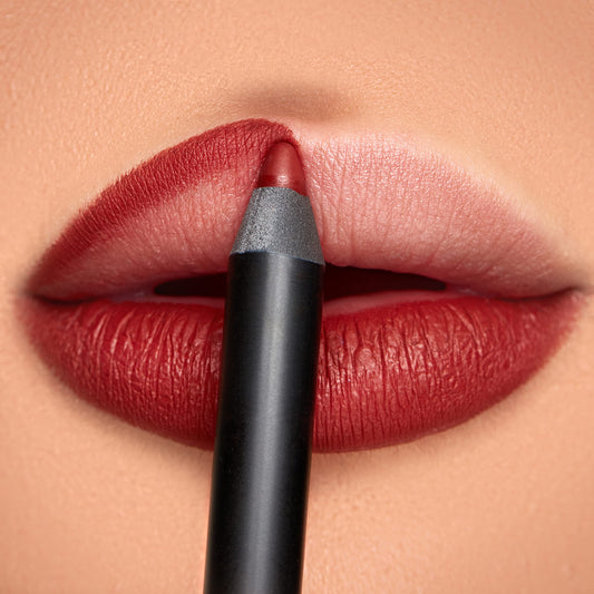 K7L Flame lip crayon packshot shows vegan formula and bold red brown color