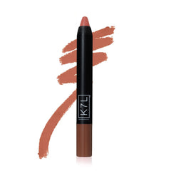 K7L Lipsilk Matte orange-brown lip crayon swatch showing lasting pigment for day-long wear.